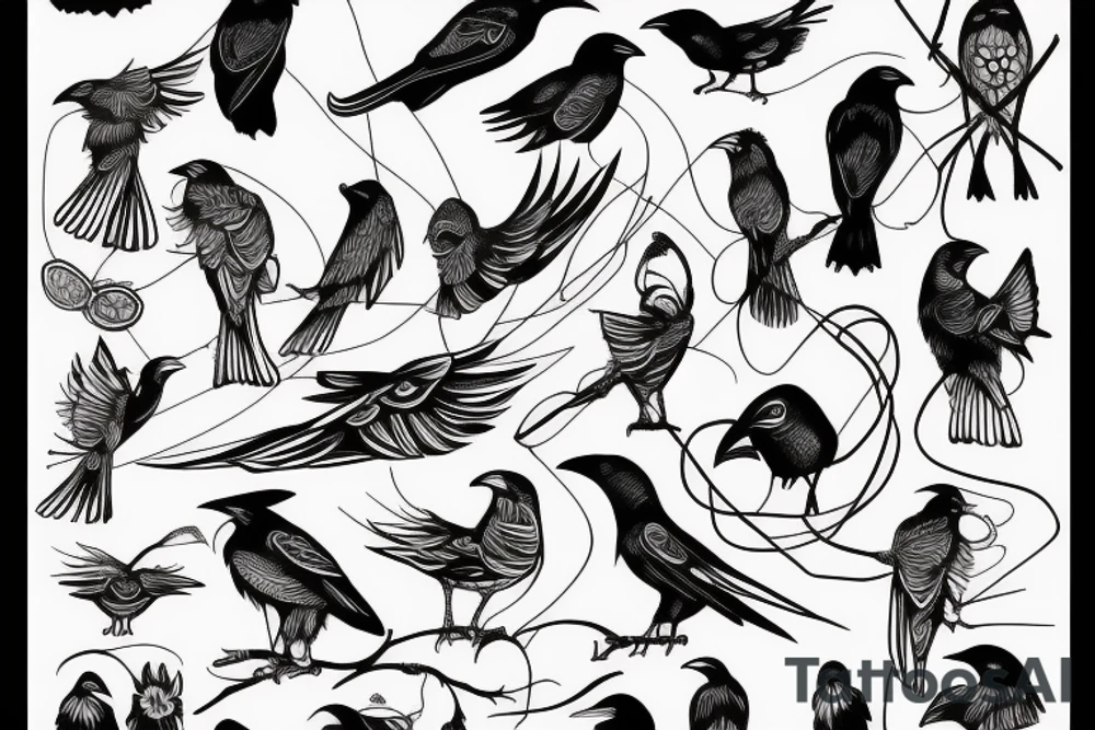 Watch, crow, lines, tattoo idea