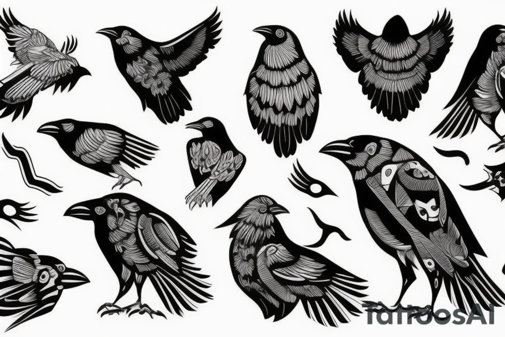 Watch, crow, lines, tattoo idea