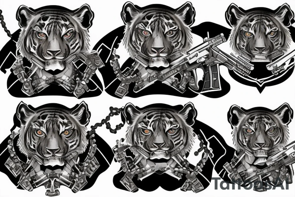Tiger in camouflage uniform holding machine gun tattoo idea