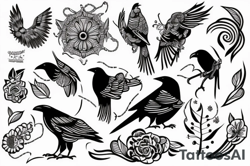Watch, crow, lines, tattoo idea