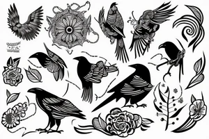 Watch, crow, lines, tattoo idea
