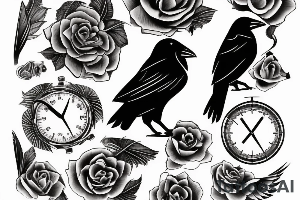 Watch, crow, lines, tattoo idea