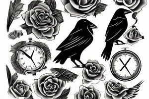 Watch, crow, lines, tattoo idea