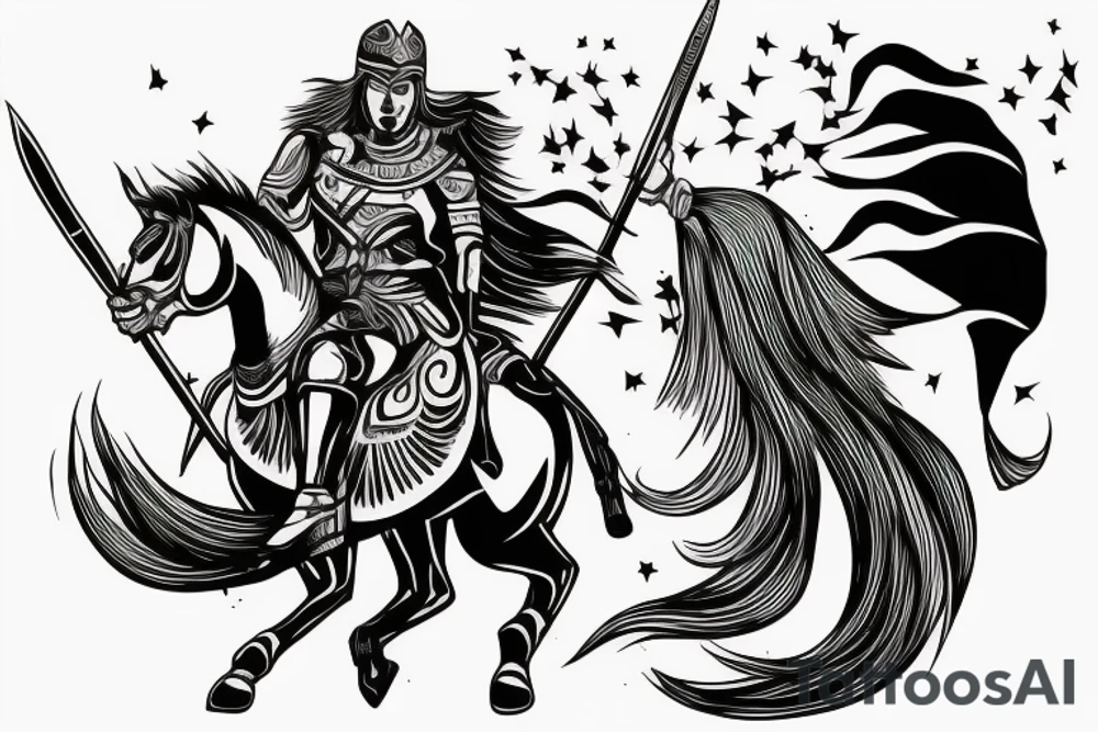 a very beautiful and warlike rider on a horse with a spear in his hand killing injustice tattoo idea