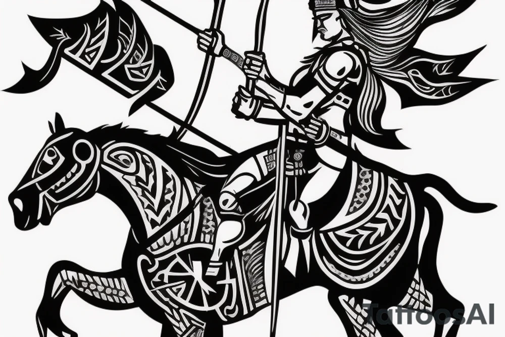 a very beautiful and warlike rider on a horse with a spear in his hand, killing evil tattoo idea