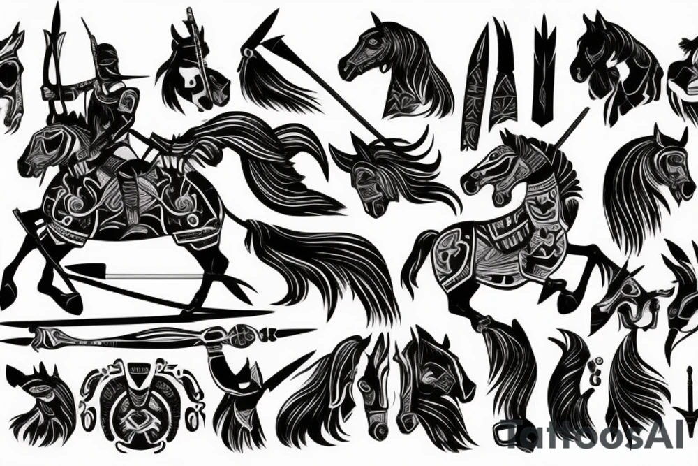 a very beautiful and warlike rider on a horse with a spear in his hand, killing evil tattoo idea