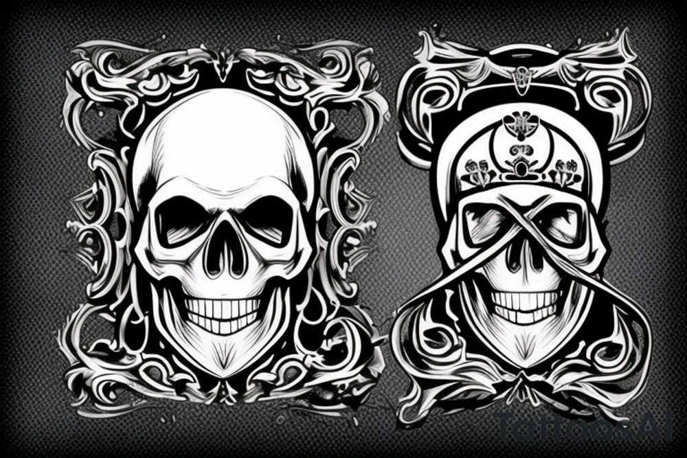 a skull whose half of the face is a sapper helmet, and the other half of the face is a theatrical mask. Under this is the inscription Si vis pacem para bellum tattoo idea