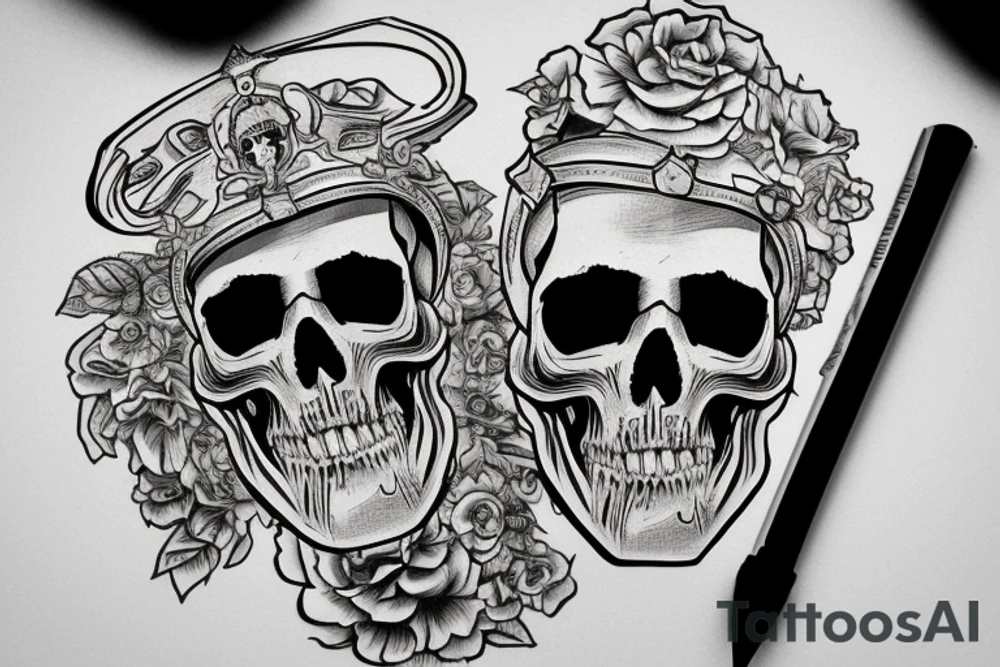 a skull whose half of the face is a sapper helmet, and the other half of the face is a theatrical mask. Under this is the inscription Si vis pacem para bellum tattoo idea