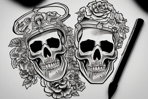 a skull whose half of the face is a sapper helmet, and the other half of the face is a theatrical mask. Under this is the inscription Si vis pacem para bellum tattoo idea