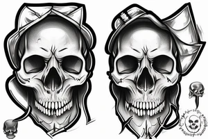 a skull whose half of the face is a sapper helmet, and the other half of the face is a theatrical mask. Under this is the inscription Si vis pacem para bellum tattoo idea