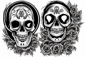 a skull whose half of the face is a sapper helmet, and the other half of the face is a theatrical mask. Under this is the inscription Si vis pacem para bellum tattoo idea