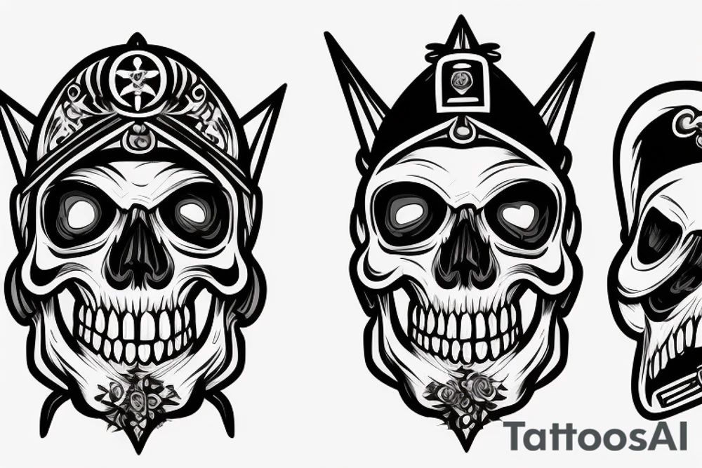 a skull whose half of the face is a sapper helmet, and the other half of the face is a theatrical mask. Under this is the inscription Si vis pacem para bellum tattoo idea