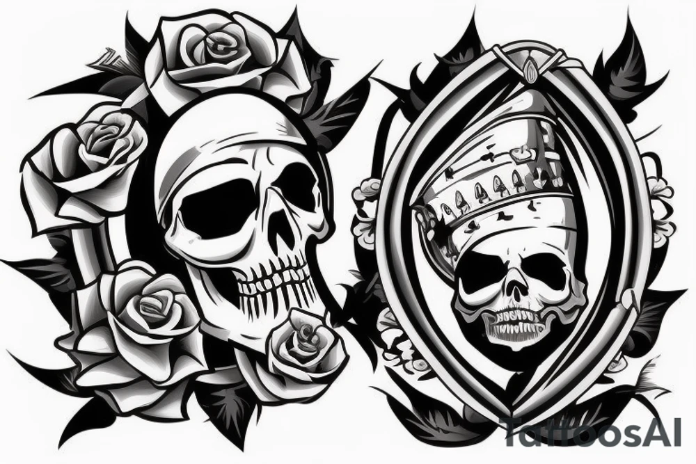 a skull whose half of the face is a sapper helmet, and the other half of the face is a theatrical mask. Under this is the inscription Si vis pacem para bellum tattoo idea