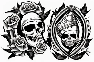 a skull whose half of the face is a sapper helmet, and the other half of the face is a theatrical mask. Under this is the inscription Si vis pacem para bellum tattoo idea