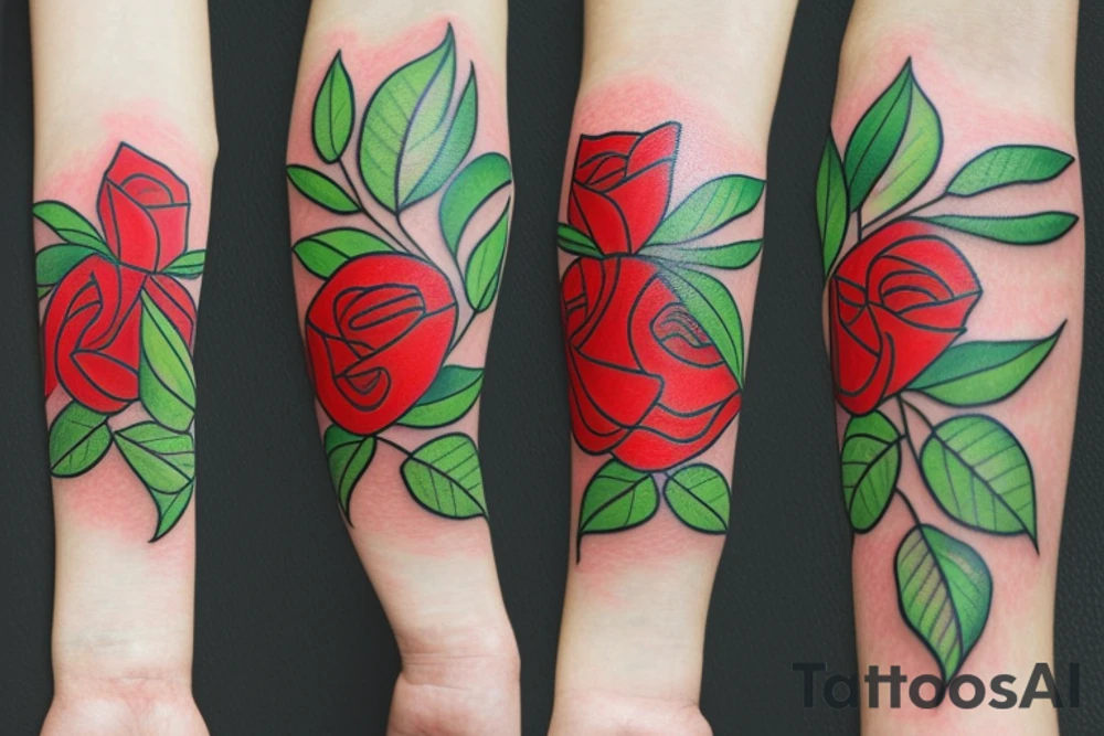 red rose with green leaves tattoo idea