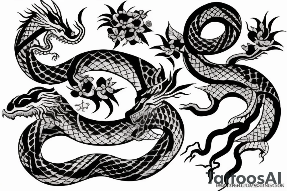 snake and dragon with cherry blossom tattoo idea