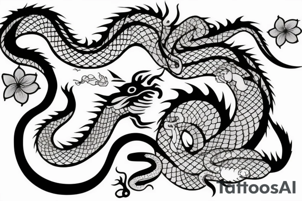 snake and dragon with cherry blossom tattoo idea
