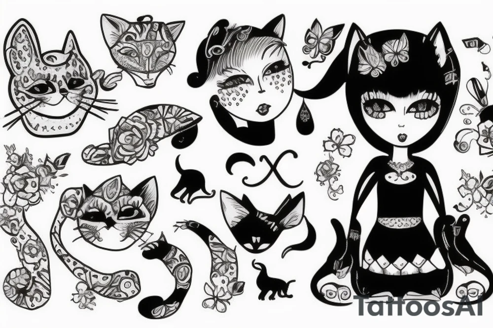 Girl and cat in cabriolet tattoo idea
