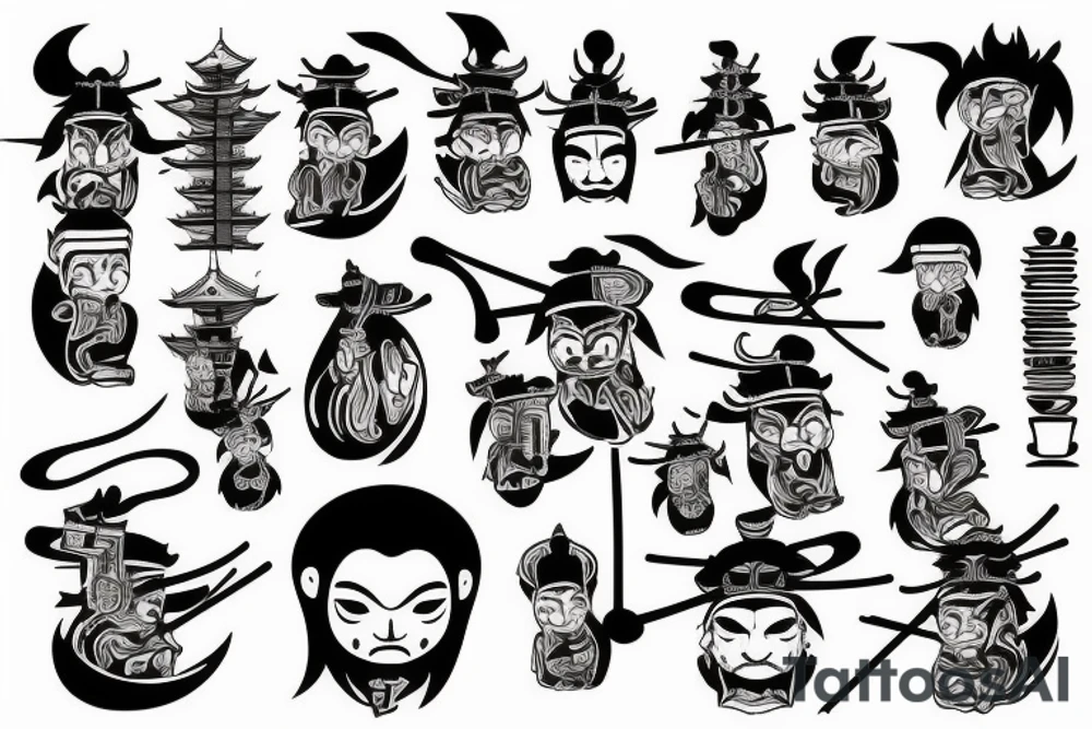 Japanese village cathing on fire infront of samurai tattoo idea