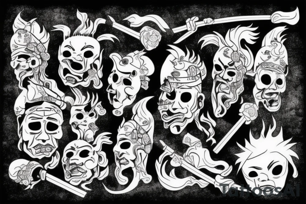 Japanese village cathing on fire infront of samurai tattoo idea