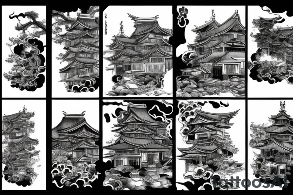 Japanese village cathing on fire infront of samurai tattoo idea Japanese village cathing on fire infront of samurai tattoo idea