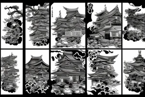 Japanese village cathing on fire infront of samurai tattoo idea
