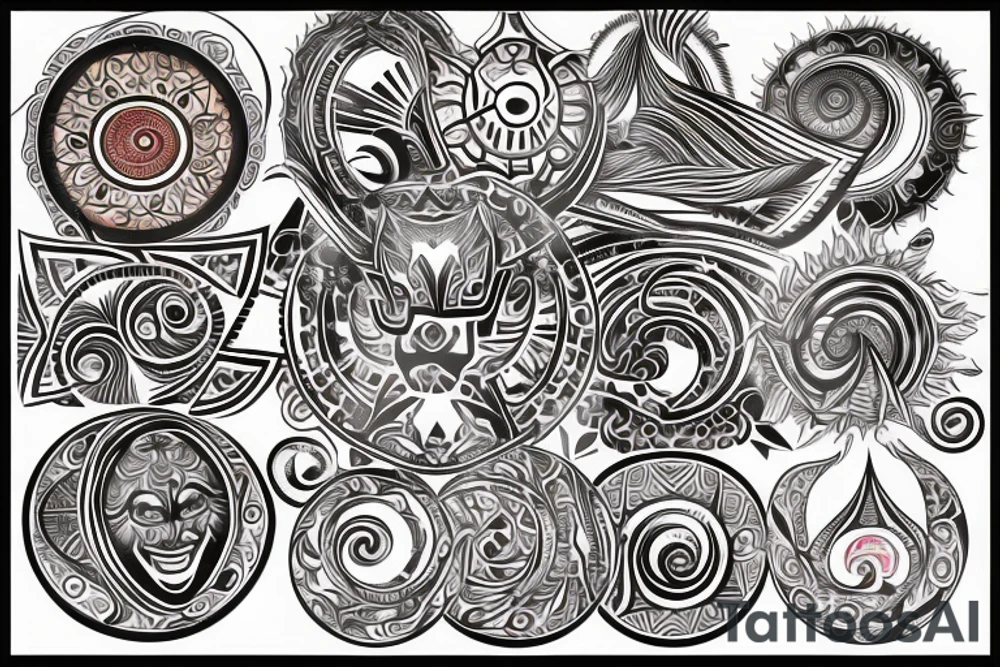 Ethnic sun, rounded ray of light, spiral inside, round shape between rays tattoo idea