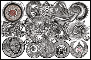 Ethnic sun, rounded ray of light, spiral inside, round shape between rays tattoo idea