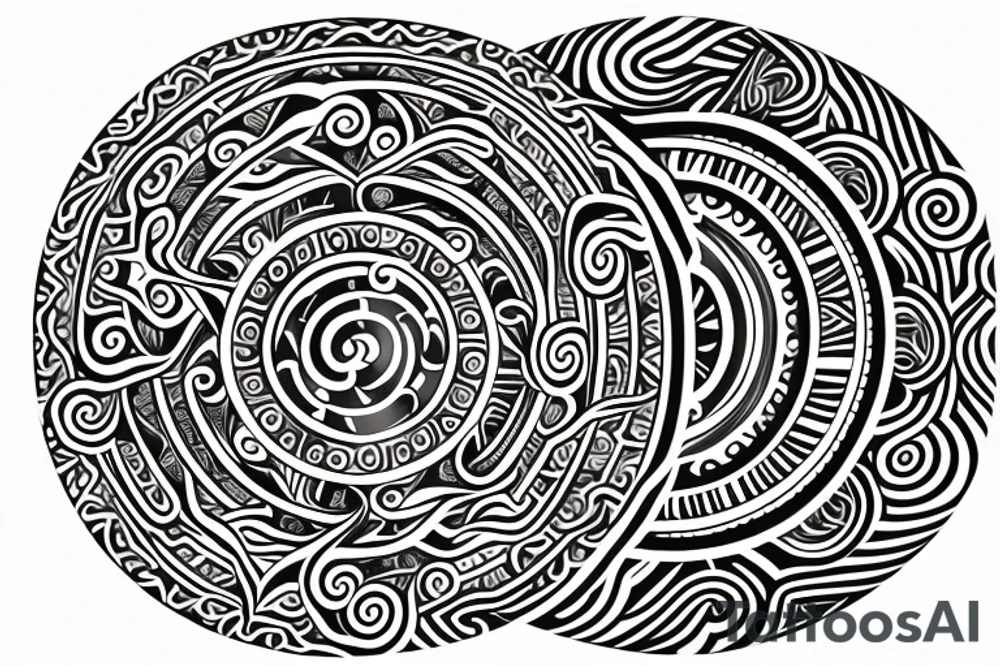 Ethnic sun, rounded ray of light, spiral inside, round shape between rays tattoo idea
