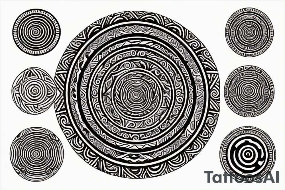 Ethnic sun, rounded ray of light, spiral inside, round shape between rays tattoo idea