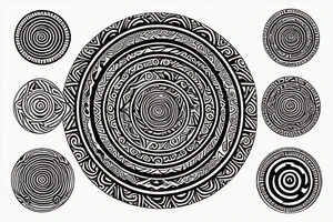 Ethnic sun, rounded ray of light, spiral inside, round shape between rays tattoo idea