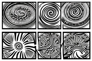 sun, rounded ray of light, spiral inside, round shape between rays tattoo idea