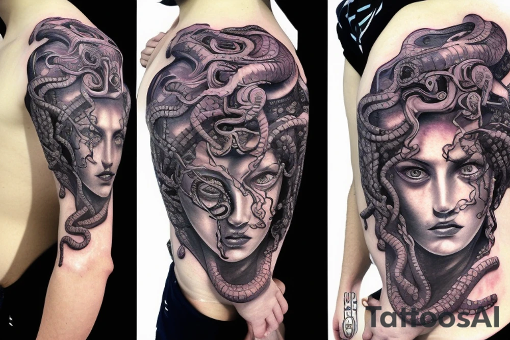 medusa gorgon half real, half robot tattoo idea