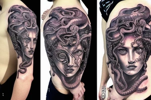 medusa gorgon half real, half robot tattoo idea