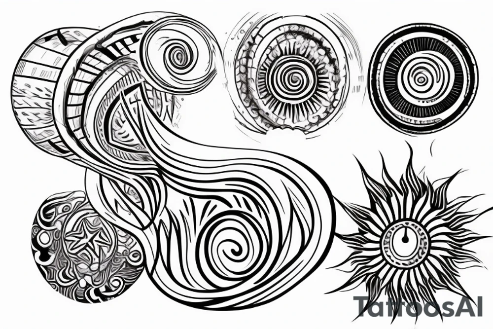 sun, rounded ray of light, spiral inside, round shape between rays tattoo idea
