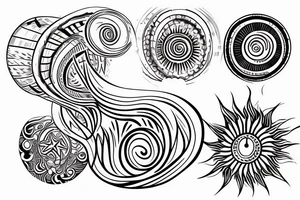 sun, rounded ray of light, spiral inside, round shape between rays tattoo idea