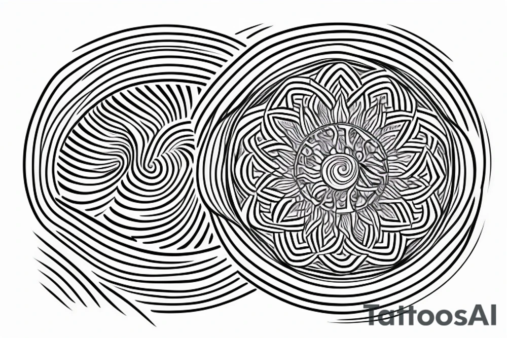 sun, rounded ray of light, spiral inside, round shape between rays tattoo idea