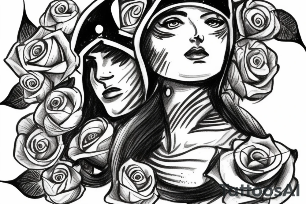 Athena with spartan helmet and roses tattoo idea