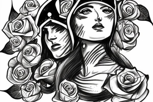 Athena with spartan helmet and roses tattoo idea