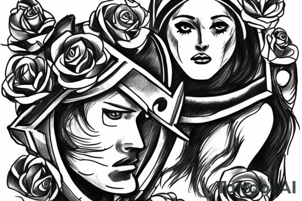 Athena with spartan helmet and roses tattoo idea