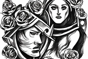 Athena with spartan helmet and roses tattoo idea