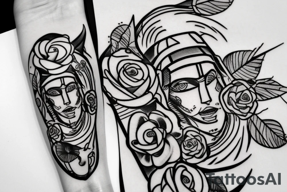 Athena with spartan helmet and roses tattoo idea