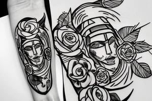 Athena with spartan helmet and roses tattoo idea