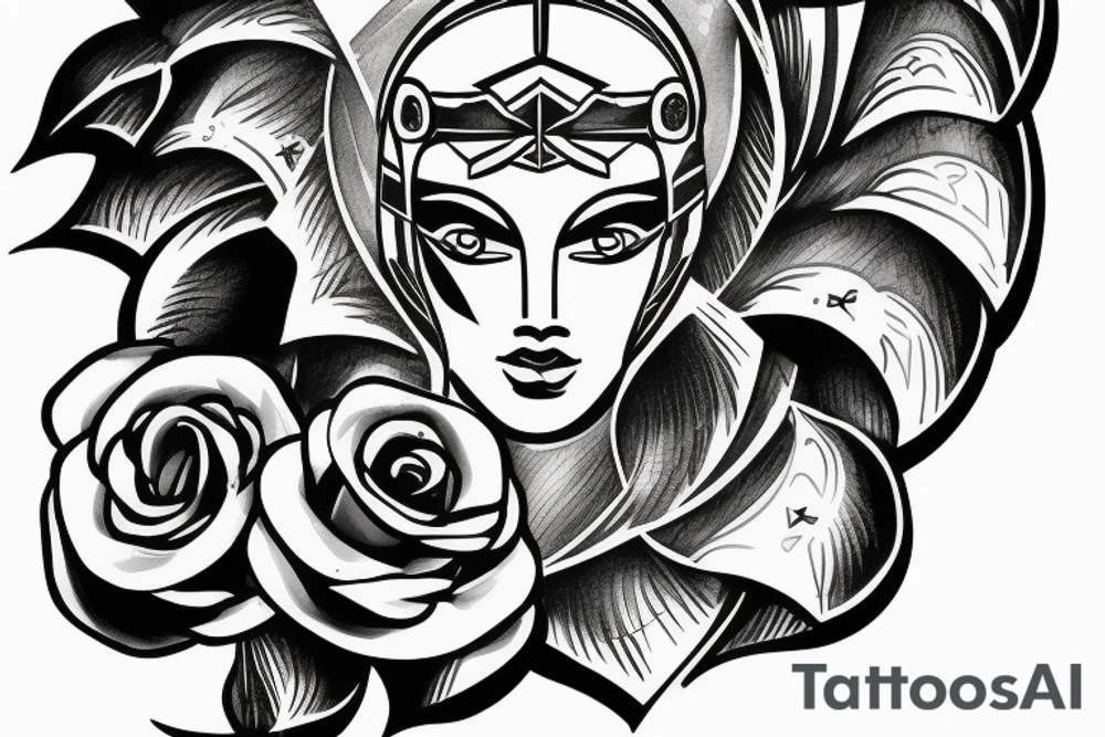 Athena with spartan helmet and roses tattoo idea