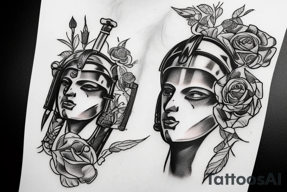 Athena with spartan helmet and roses tattoo idea