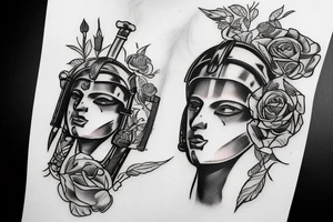 Athena with spartan helmet and roses tattoo idea