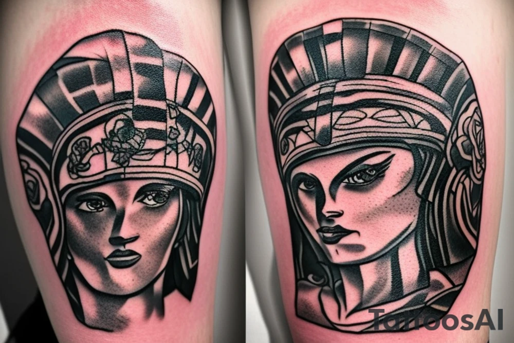 Athena with spartan helmet and roses tattoo idea