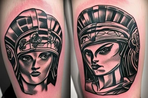 Athena with spartan helmet and roses tattoo idea
