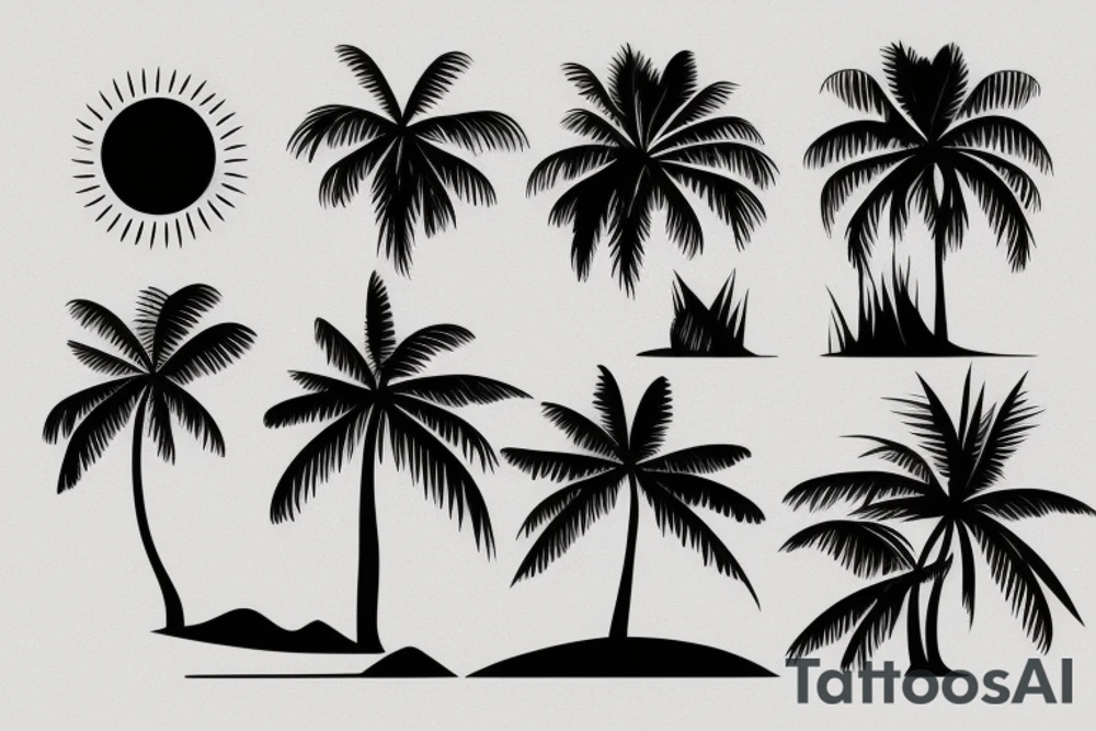 minimalistic landscape with palm sun and sea tattoo idea