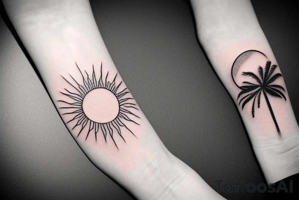 minimalistic landscape with palm sun and sea tattoo idea